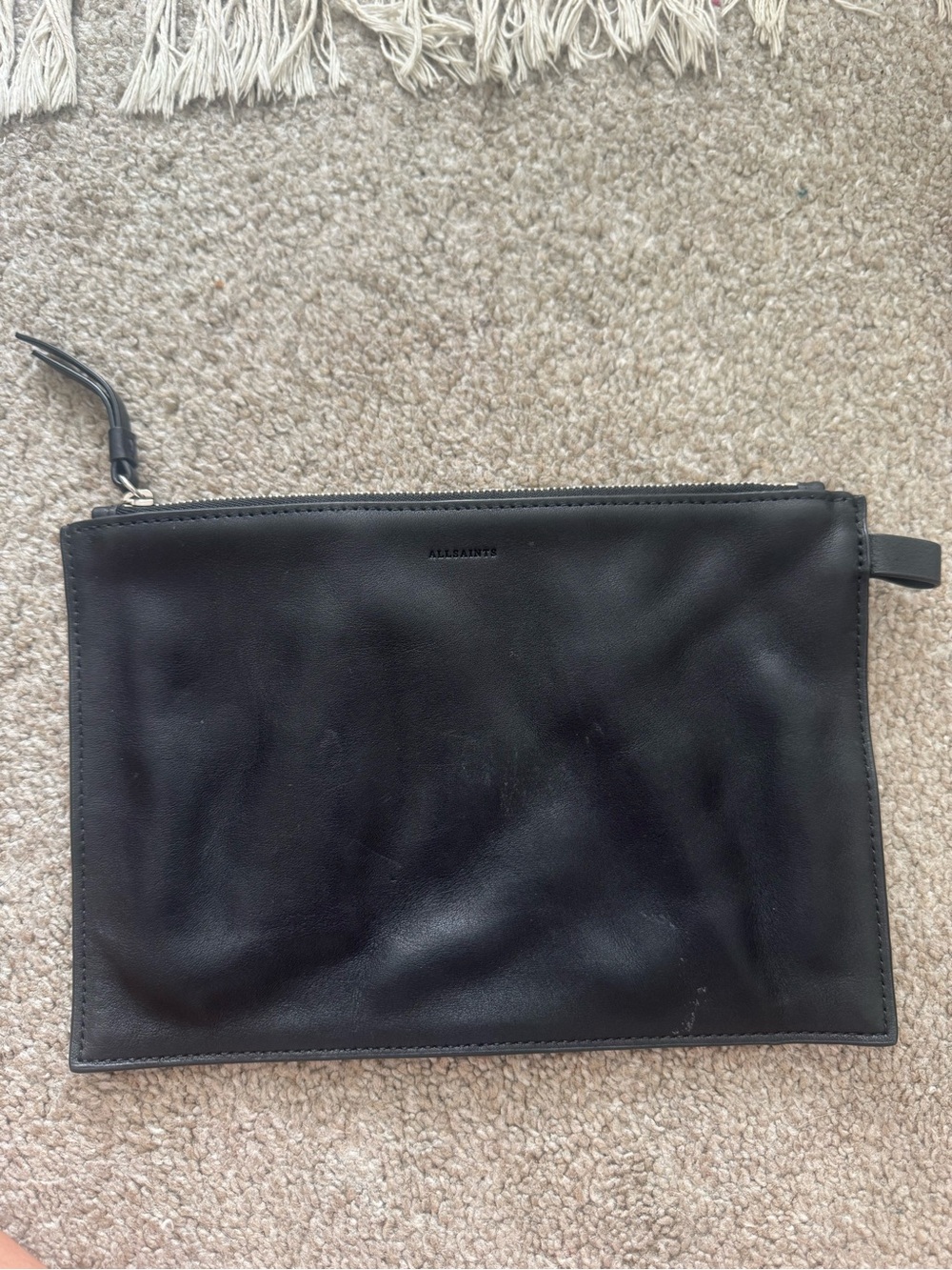 All Saints Black Leather Toiletry Pouch with Zip